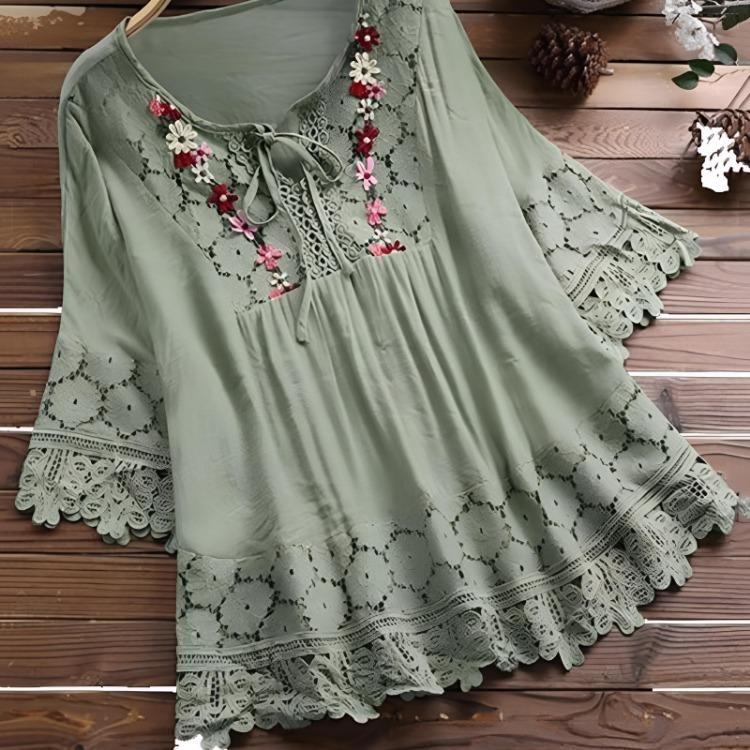 Women Plus Size Loose Shirt Half Sleeve Lace Flower Embroidery
