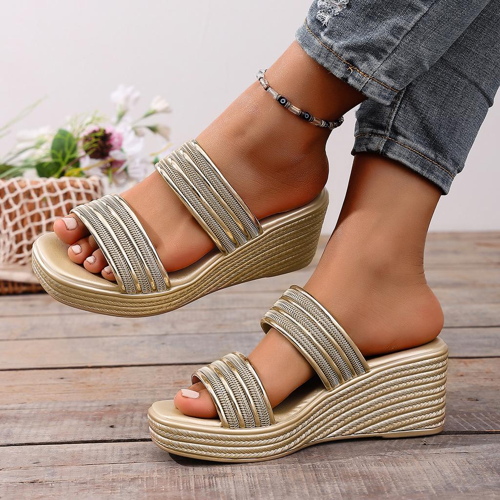Women's Metallic Woven Double Strap Wedge Heel Slide Sandals Non-Slip Platform Sandals for Summer Beach Casual Daily Wear