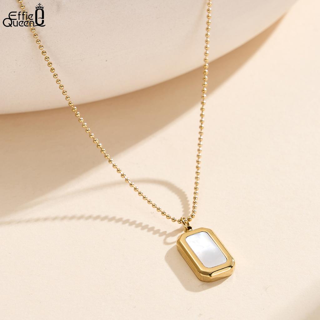 EFFIE QUEEN Stainless Steel 18k Gold White Shell Square Pendant Necklace Natural Jewelry for Women Wedding Party Banquet STMN11