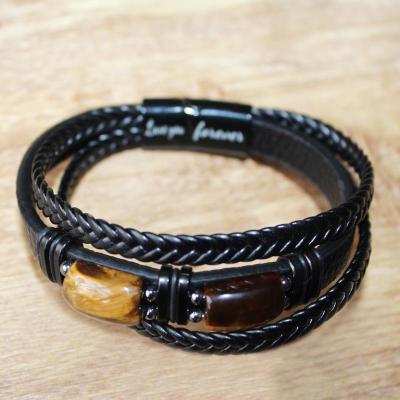 Men Retro Leather Bracelet with Tiger Eye Stone Magnetic Clasp Bracelet Weaving