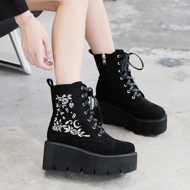 Fashion Fashion Flower Platform Boots Chunky Punk Suede Leather Womens Gothic Shoes Nightclub Lace Up platform shoes