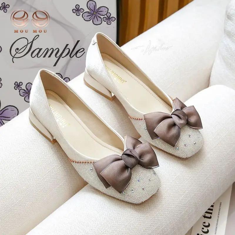 Square Toe with Bow Crystals Rhinestone Low Heel Elegant Women's Shoes Beige Ladies Footwear Diamond E Shoe Comfortable Offer