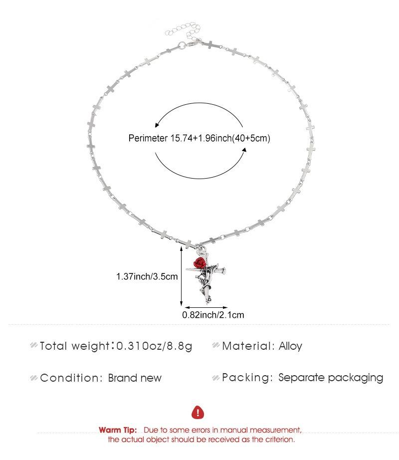 Punk Gothic Red Rose Vine Cross Pendant Necklace for Women Men Vintage Rock Cool Silver Color Cross Chain Party Jewelry Gifts