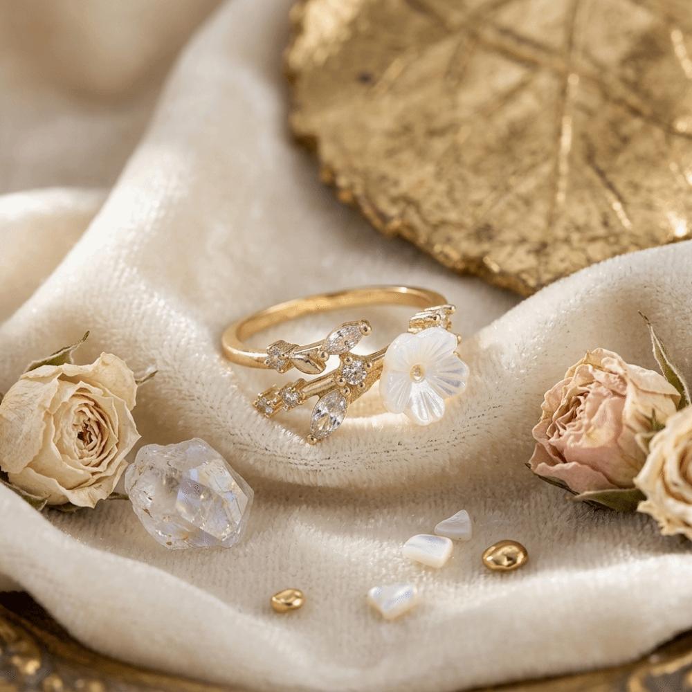 Adjustable Flower Crystal Ring Leaf Design Finger Jewelry Delicate Flower Opening Ring  Anniversary