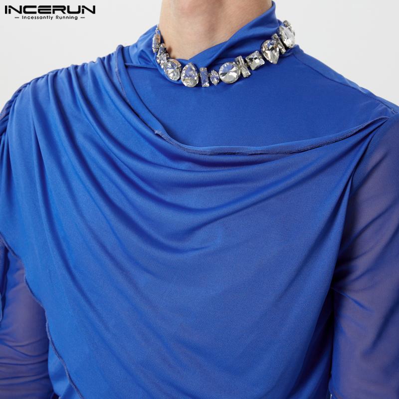 INCERUN Men Ruffled High Neck Patchwork Front Cross Fitted Tops Mesh Sheer Irregular T-shirts