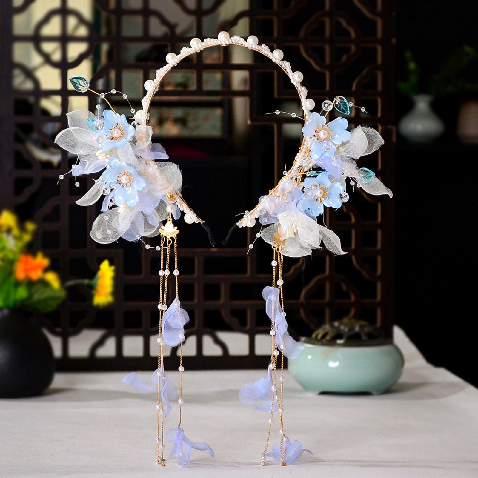 

Ancient Chinese Style Hanfu Hair Band With Floral Decor And Tassels Elegant Headpiece for Women Wedding Birthday Party Decor синій