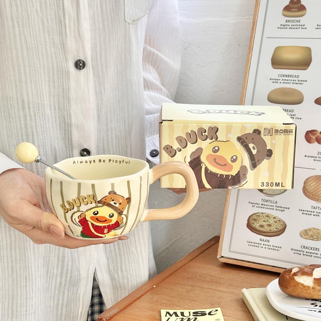 Kleine Gelbe Ente Niedliche Keramiktasse Kinder Trinkwasserbecher mit Löffel Paar Kaffeetasse Frühstückstasse Praktisches Geburtstagsgeschenk