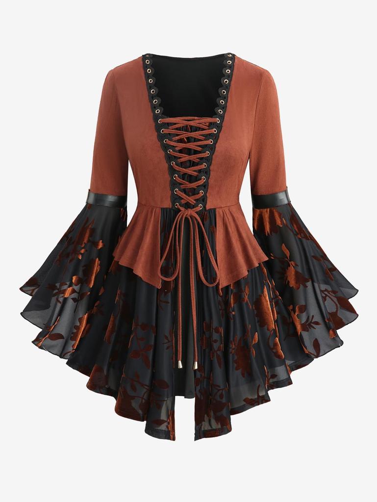 Rosegal Plus Size Floral Jacquard Grommets Lace-up Lace Trim Flare Sleeves Asymmetrical Top