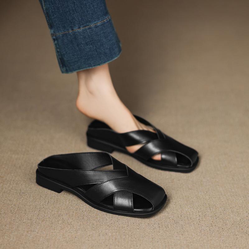 Summer Flat-bottomed Slippers Women's New Bag Head Slippers Rubber Soft Sole Solid Color Casual Cool Slippers Women's Large Size One Pedal