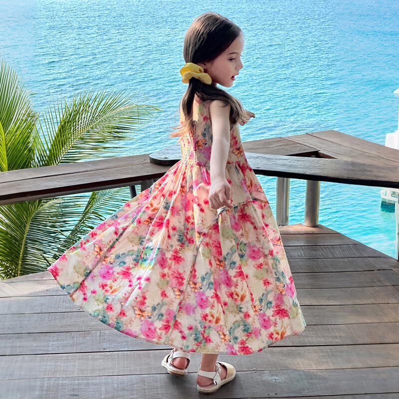 Girls' Pink Floral Cotton Sleeveless Princess Dress