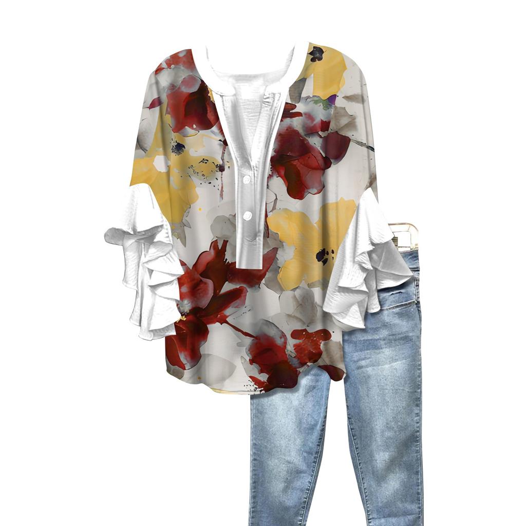 Summer Women's Tops V-Neck Seven Sleeve Shirt Spring Summer Floral Printed Tops Casual Shirt