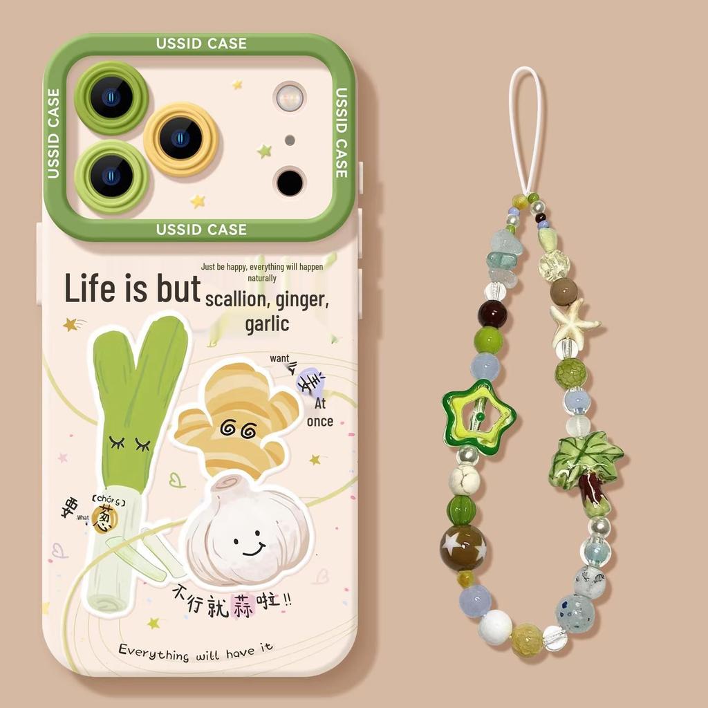 Green Silicone Phone Case with Scallion Ginger Garlic Design for iPhone 17/16 Pro/15 Max/14