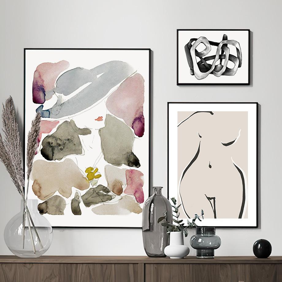 Abstract Line Leaf Flower Beige Black Botanical Wall Art Canvas Painting Posters And Prints Wall Pictures For Living Room Decor