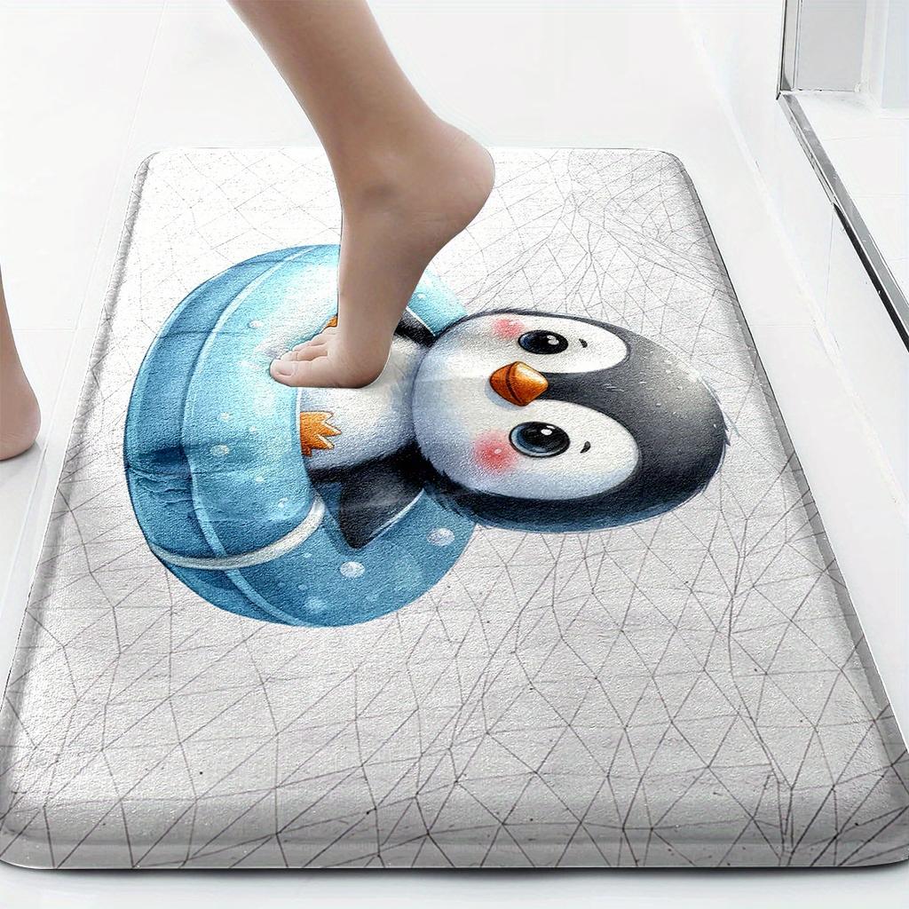 3pcs Summer Penguin Bathroom Rug Set Non-Slip U-Shaped Mat and Toilet Lid Cover Cute Animal Theme Washable Indoor Floor Mats