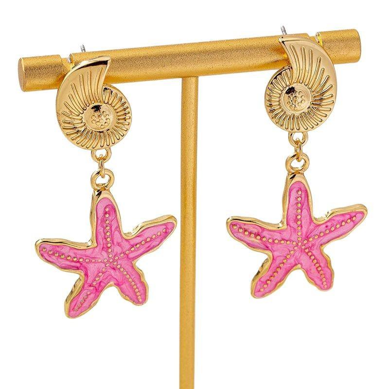 Ocean Starfish & Seashell Beach Earrings: European-American Childlike Metal Fashion