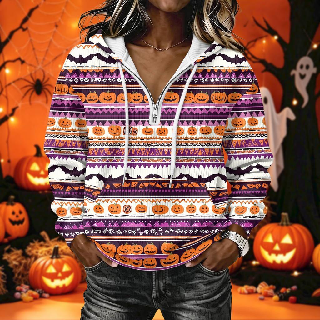 Women's Long Sleeve Halloween Print Hoodie Pullover with Casual Top