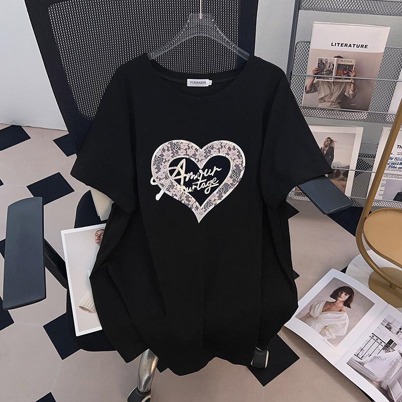 Women's Plus Size Loose Round Neck Short-Sleeve Mid-Length T-Shirt (200/300/350 Jin)