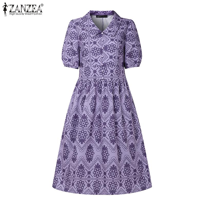 ZANZEA Women Casual Turn Down Collar Short Sleeve Summer Print Dress