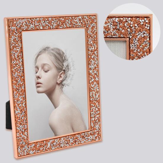 5/6/7 Inch Photo Frame Shiny Rhinestone Edge Electroplated Stainless Standing Anti-skid Luxury Oblong Glitter Wall Mounting Table Top Display Picture