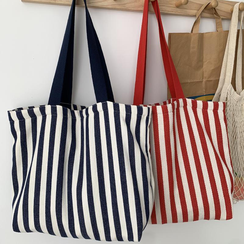 1Pcs Female Daily Shopping Bags Simple Striped Women'S Canvas Casual Shoulder Bags Fashion Large Capacity Ladies Tote Handbags