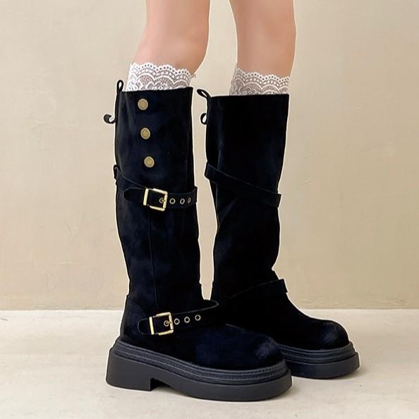 Piaohong versatile retro style thick-soled heightening medium boots for women's 2025 autumn and winter new buckle thick heel two-wear fashion boots