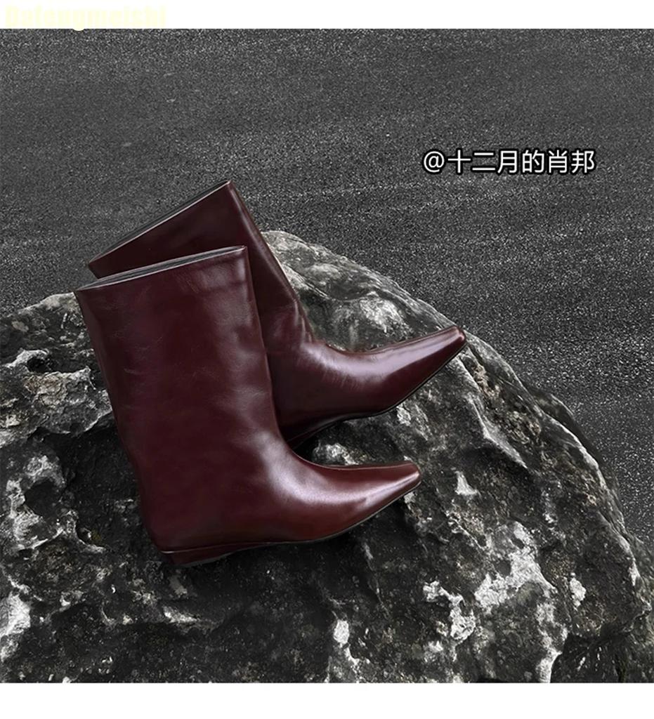 Fashion Cowhide Autumn Winter New Boots Korean Style Simple Square Toe Boots Pull-On Low Heel Knight Boots Women Sleeve Mid-Tube Boots