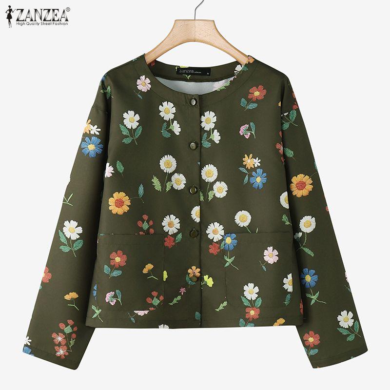 ZANZEA Women Casual Round Neck Long Sleeve Loose Floral Print Blouse