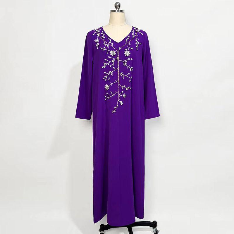 

New Arrival Wisteria Flower V Neck Design Long Dress Hand-Stitched Drill Dress Hand Sewing Drill Dress Dark purple S