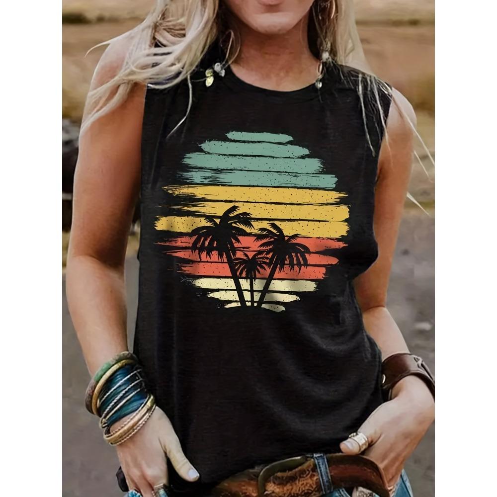 

Плюс Размер Женская Летняя Футболка Без Рукавов С Принтом Кокосовой Дерева Свободного Размера Дышащая и Удобная 4XL