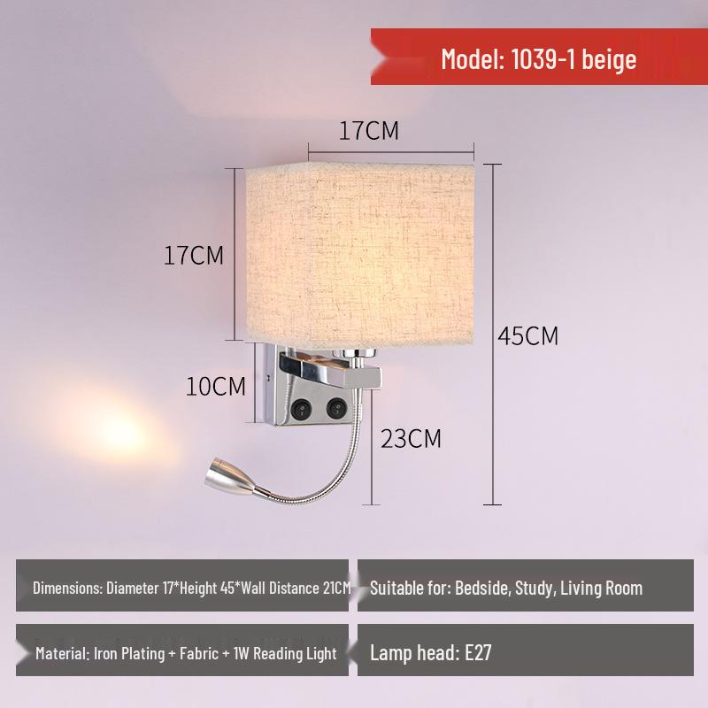Modern American Fabric Wall Lamp with USB Charge - Hotel Bedroom Reading Light