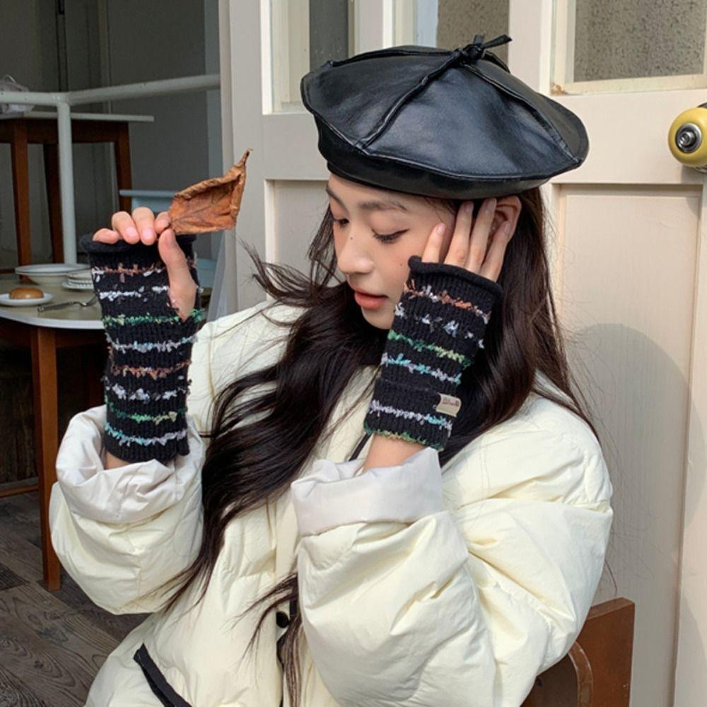 

Женские зимние перчатки Y2k Корейский стиль Митенки без пальцев Простые полосатые вязаные перчатки Девушка чёрный