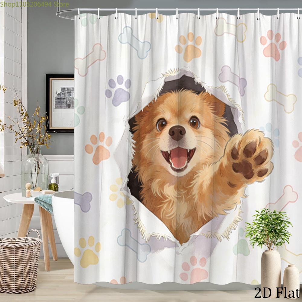 1pc Funny Dog Paw Print Shower Curtain Bathroom Decor Bathtub Partition Hanging Curtain with 12 Hooks 70.8x70.8 Inch Cute Pet