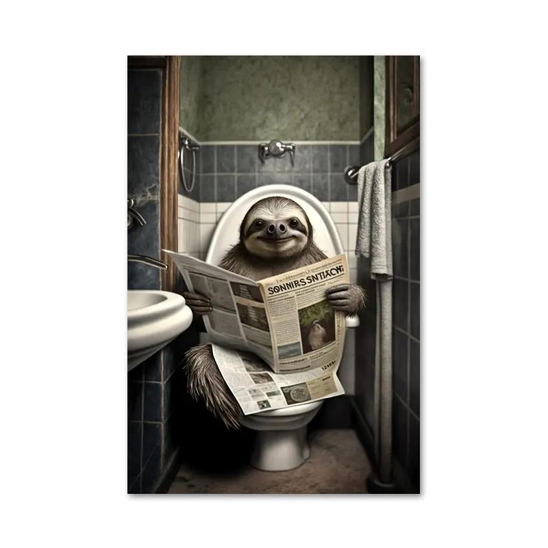 Funny Bathroom Humorous Animal Bear Dog Tiger Sitting On Toilet Reading Newspaper Canvas Painting Posters and Prints Wall Art
