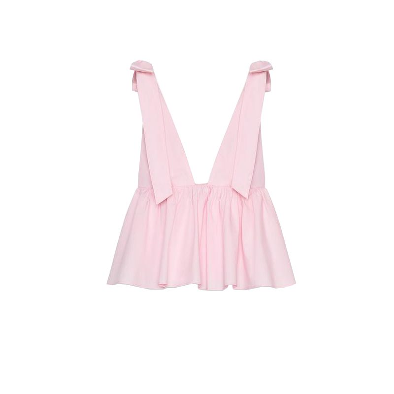 

Summer New Women clothes Bowknot Decoration Poplin French style Vacation Leisure V-neck Vest Top 2760200 Light pink M