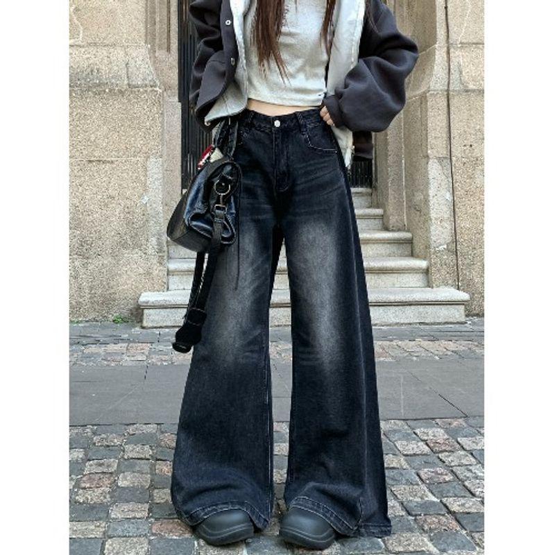

Kumikumi American Retro Washed Distressed Drape Denim Women s Clothing Fall Elegant All-Match Wide Leg Pants Pants Black XL
