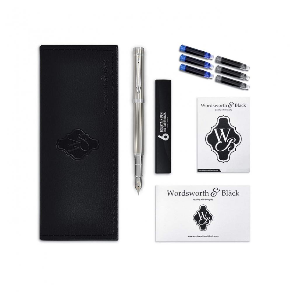 Wordsworth & Black 's Finest Premium Metal Fountain Pen [Erudite (silver Chrome)]  6 Fountain Pen Ink Cartridges (black and Blue)  Chrome Decoration  S