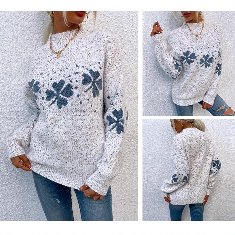 European & American Women's 2024 Autumn/Winter Snowflake Sweater - Casual Long-Sleeved Knitwear with Half-High Collar