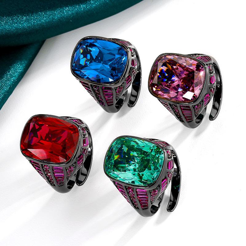 Jewelry Copper Bottom Gold-Plated Simulation Blue Spinel Black Gold Ancient Light Luxury Ring Women 12 * 16