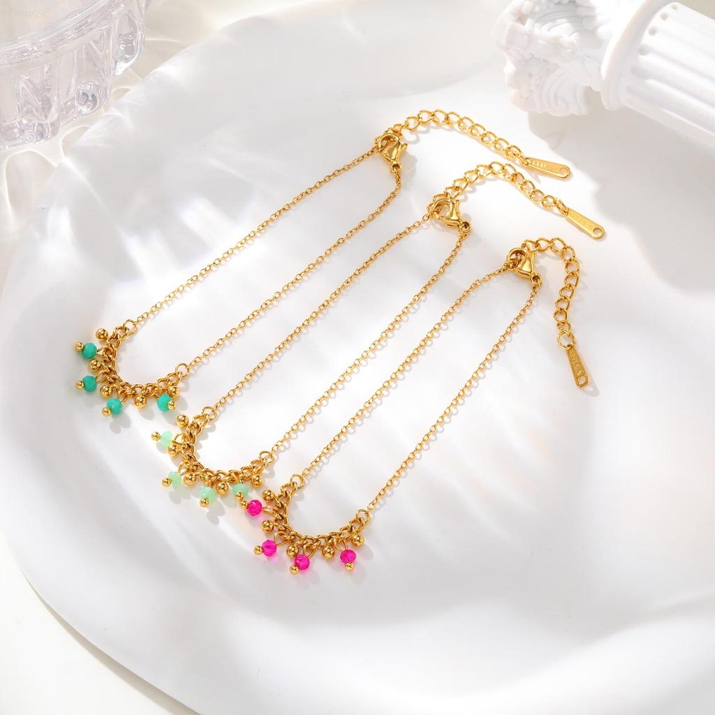 Statement Beaded Dangling Bracelet for Women, Gold Plated Stainless Steel, Adjustable Handmade Wristband Jewelry Waterproof