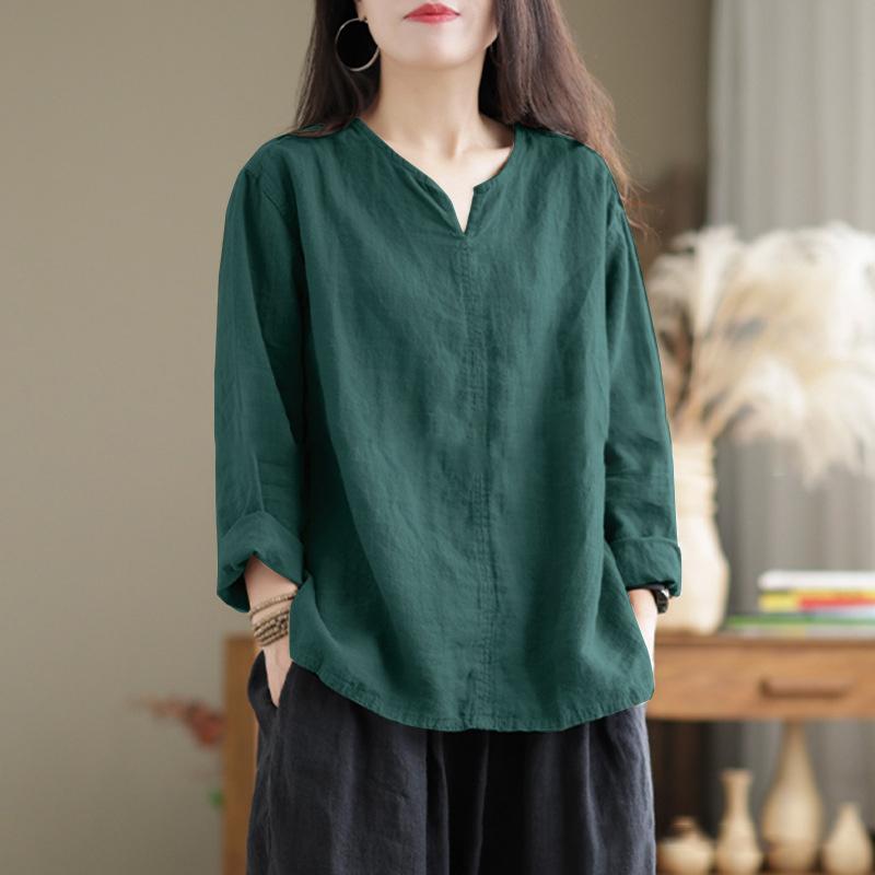 Autumn Women Vintage Cotton Blouse Fashion Solid Loose Shirt Work Tunic Blusas Mujer V Neck Long Sleeve