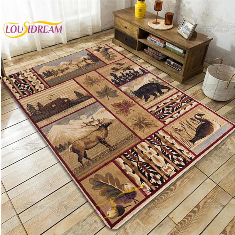Country Style Farmhouse Lodge Bear Moose Deer Soft Rug Square Flannel Home Rug Vintage Home Living Room Floor Mats Bedroom Rug