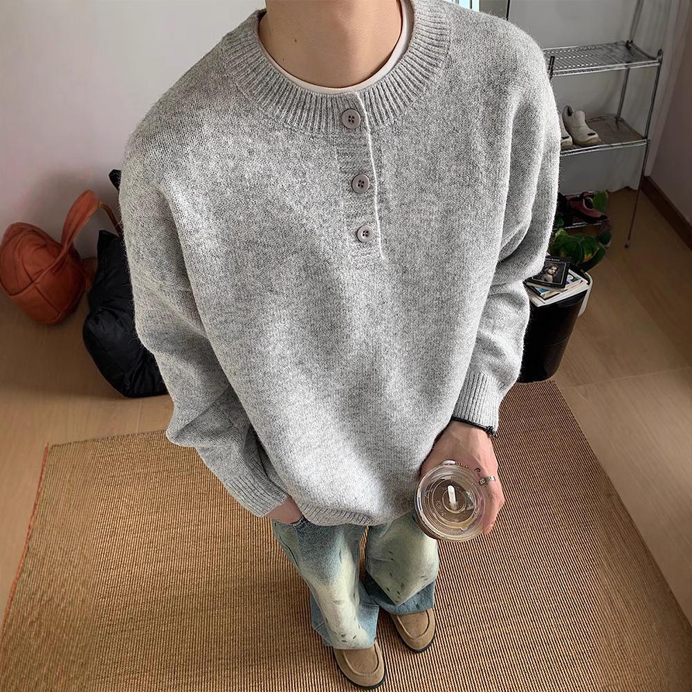 

Мужской серый свитер с воротником-хенли в стиле ретро — высококачественная вязка в ленивом стиле для осени/зимы M светло-серый