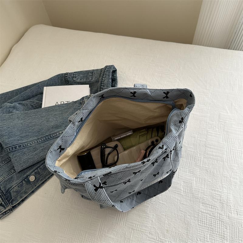 Bow Pattern Commuting Bag Corduroy Handbag Large Capacity Women Tote Bag Multi-pockets Fashion Shoulder Bag Casual Underarm Bags