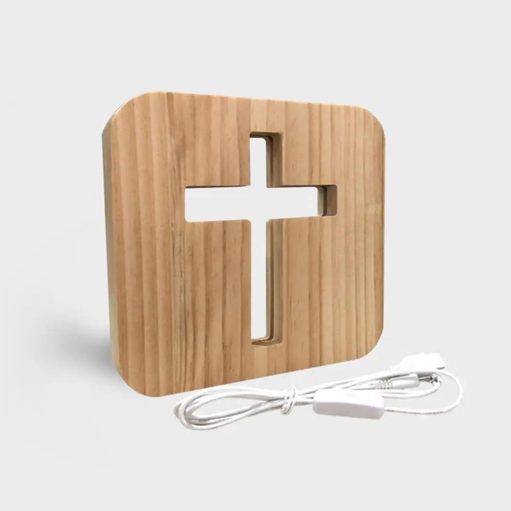 1Pc 3D Wooden Cross USB Night Light LED Table Lamp Novelty Kids Bedroom Coffee Shop Decoration Christian Gift Dropshipping