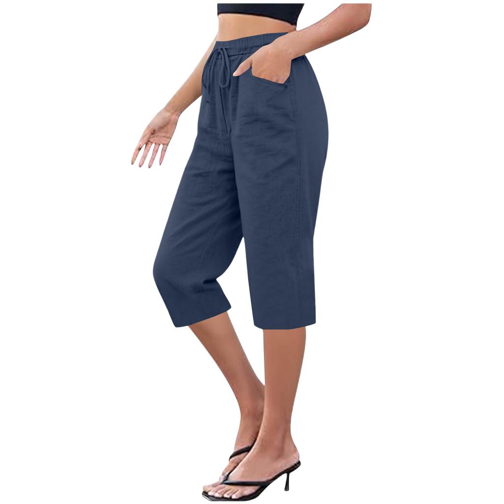Women's Cotton And Linen Pocket Elastic Casual Pants Five Quarter Pants