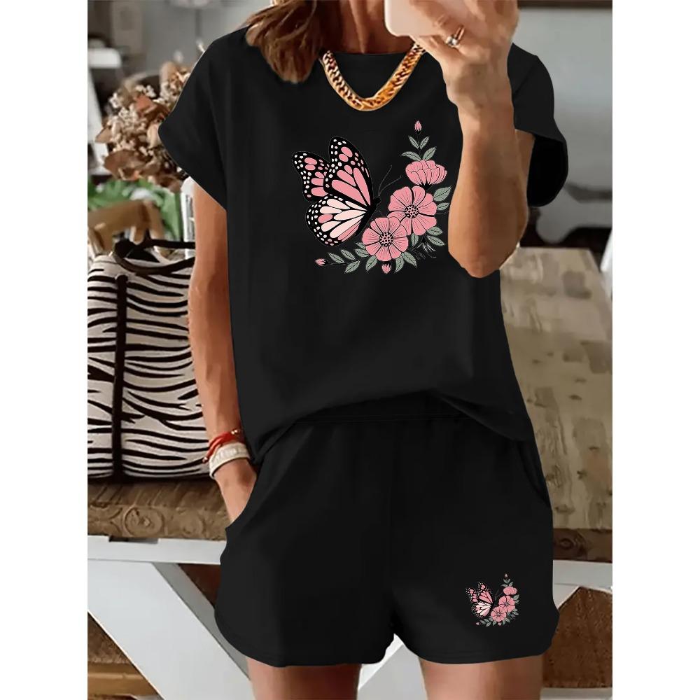 Spring and Summer Butterfly Floral Print Set, Forest-Style Girly Short-Sleeved T-Shirt and Shorts, Comfortable and Casual Two-Piece Set