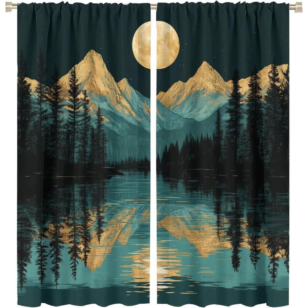 

Panels Mountain Forest Curtains Thermal Insulated Window Drapes Night Moon Lake Landscape Light Filter Rustic Blocking Made Of Polyester W100*H70(CM)-Rod Pocket&1PCS