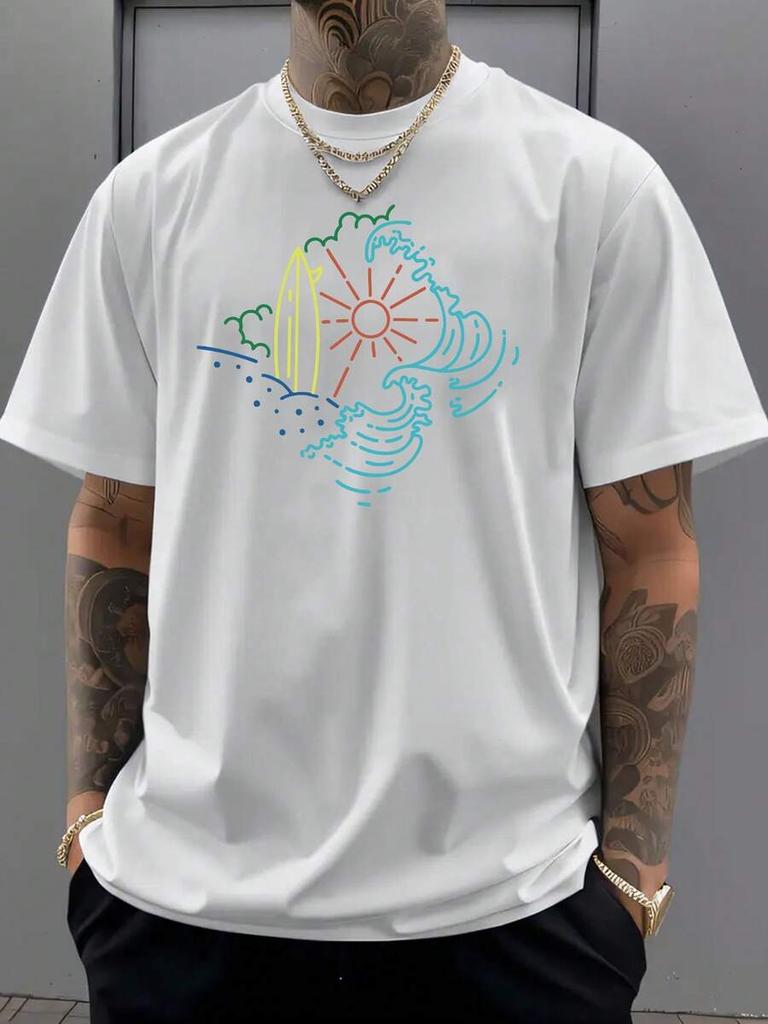 Unisex's Casual Short-Sleeved T-Shirt - Vibrant Surf-Inspired Wave And Letter Print, Soft And Comfortable Fabric