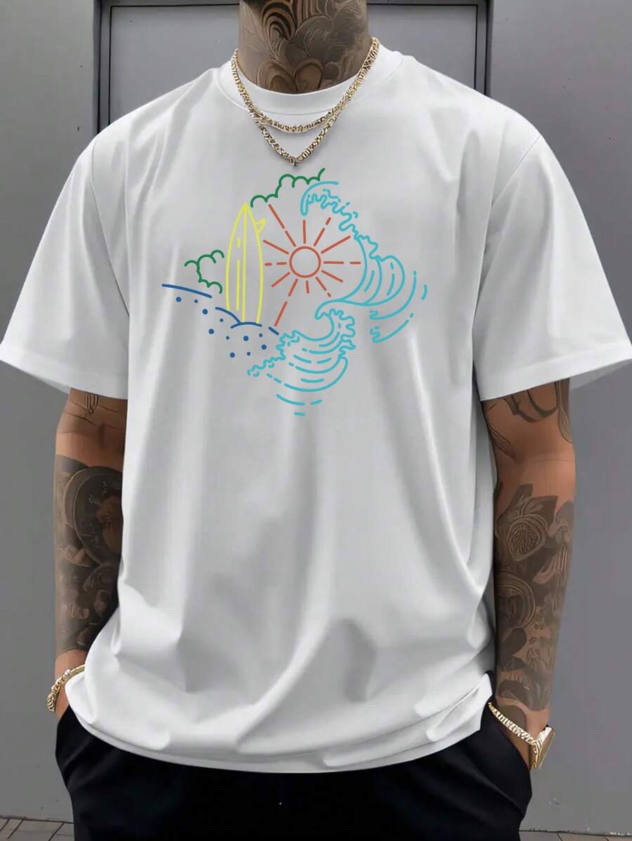 

Unisex s Casual Short-Sleeved T-Shirt - Vibrant Surf-Inspired Wave And Letter Print, Soft And Comfortable Fabric XL