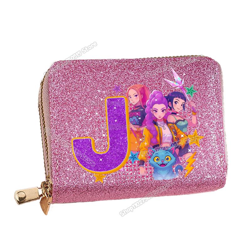 Korean Pop Demon Hunters Letter A-Z Women Short Wallet Bling Sequin Pu Leather Wallets Zipper Coin Purse ID Card Holder Girl Purse